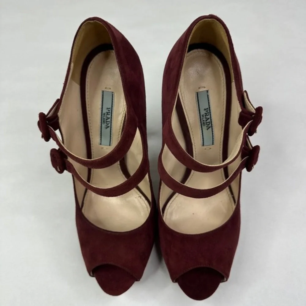 Prada Burgundy Suede Double Strap Mary Jane Peep Toe Platform‎ Heels Size 37.5